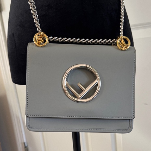 Fendi (F is for Fendi) Gray Leather Shoulder Bag with Chain Strap - Picture 3 of 16